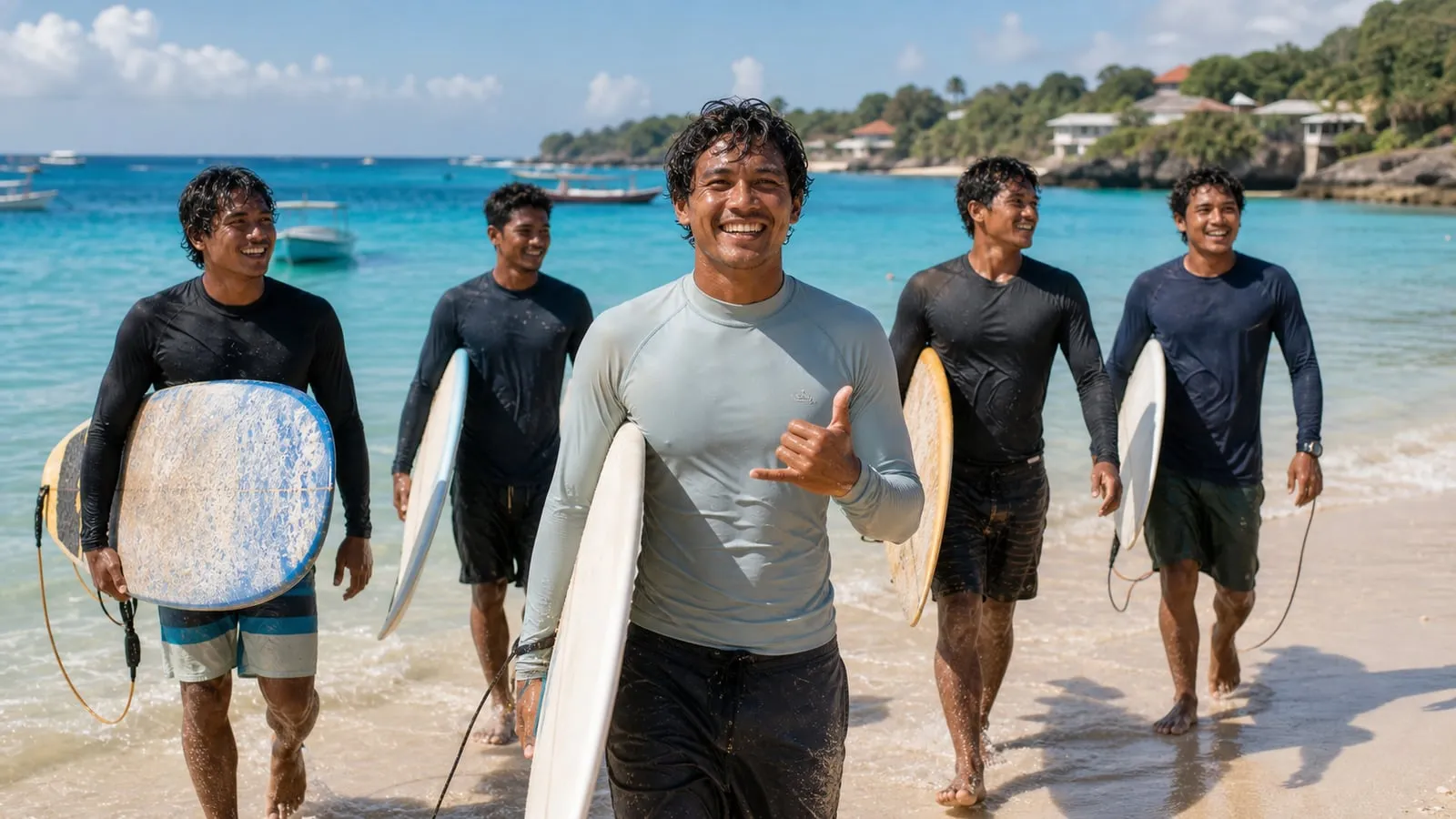The Loxy Surf instructor team walking along the beach on Nusa Lembongan, carrying their surfboards