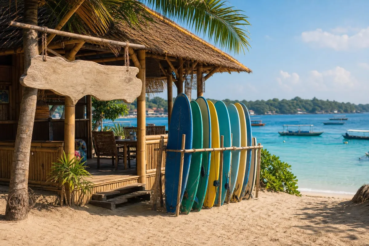 Bamboo-and-timber beach shack with a rack of colourful soft-top surfboards in the sand — our meeting point at Jungut Batu Beach