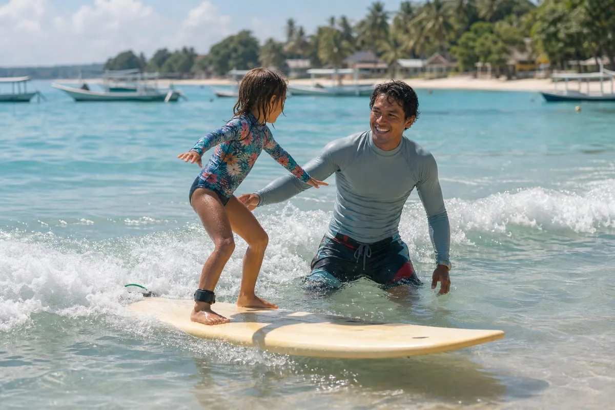 Young child riding a small whitewater wave on a soft foam board with an instructor within arm's reach
