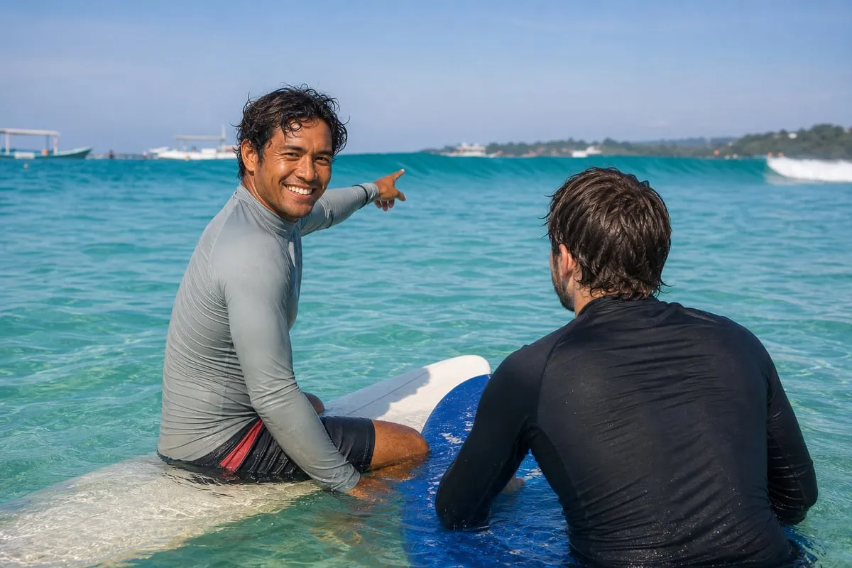 Instructor and student sitting on their boards beyond the whitewater during a private lesson, watching an approaching wave